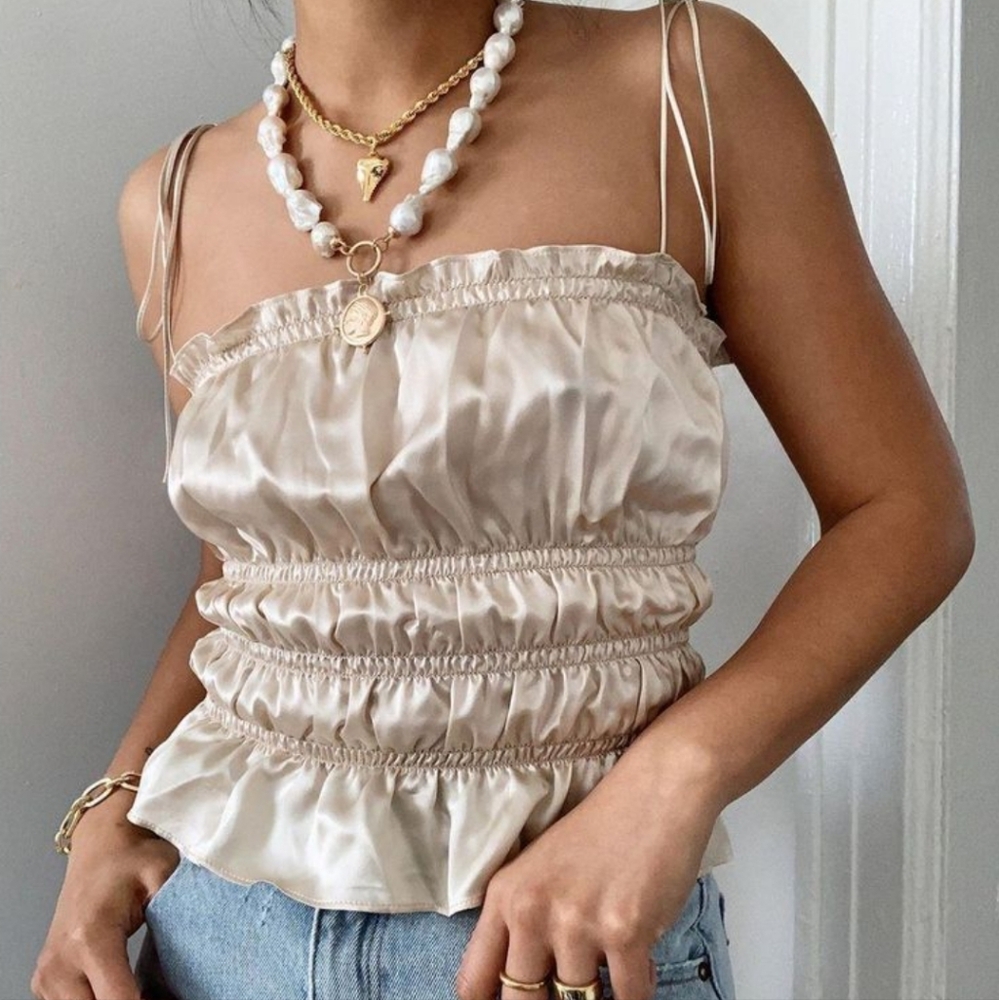 NWOT Zara Gold Satin Effect Ruffle smocked Cami Camisole size small